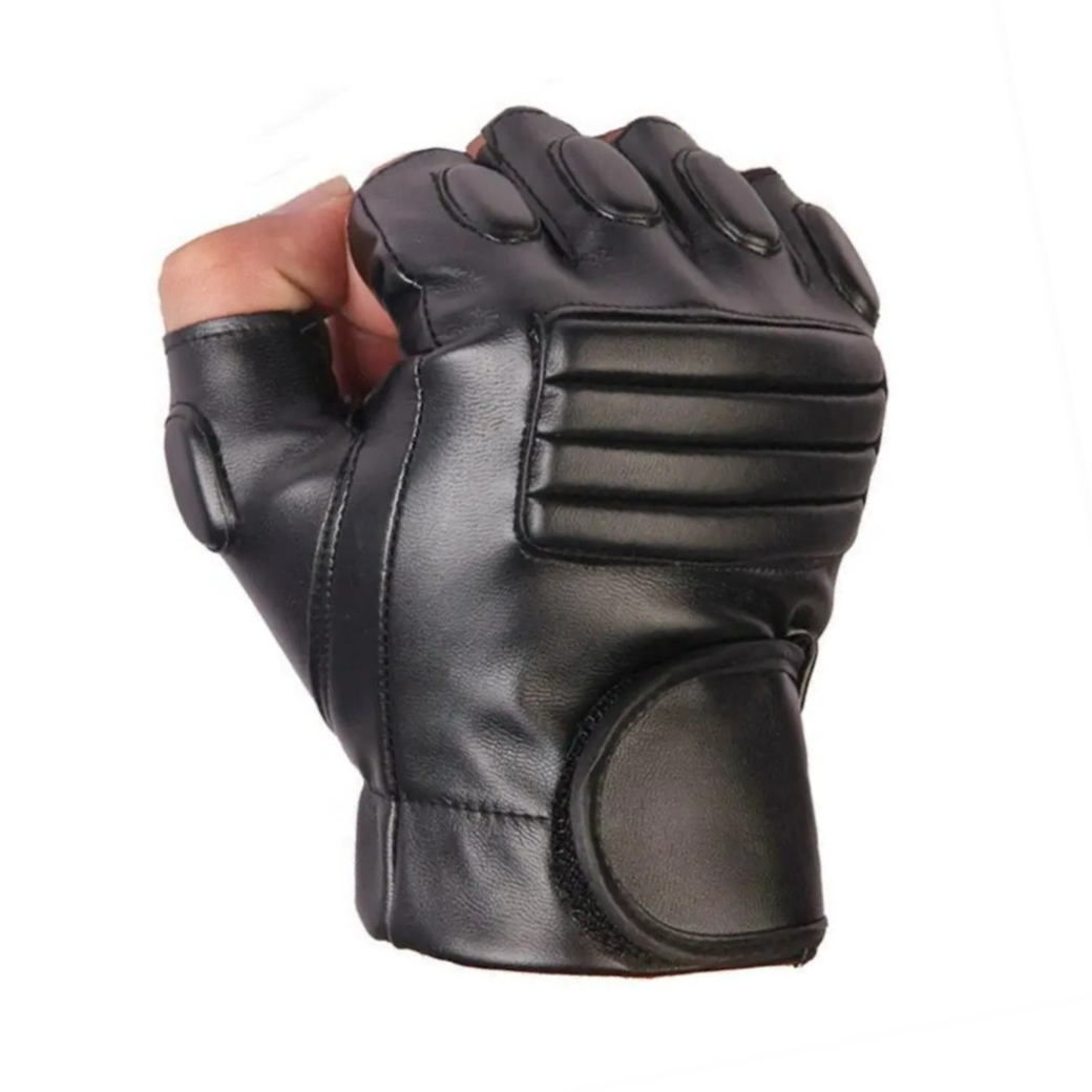 Fingerless PU leather gloves. Padded. Black