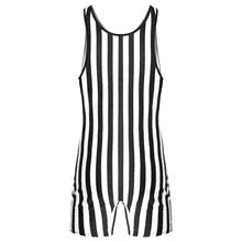 Maskulo NWS331 High Cut Wrestling Singlet in white/black with vertical stripes, made from soft spandex, ideal for sports, posing, parties, cosplay, and bedroom games.
