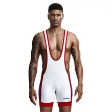 Maskulo NWS330 Mid-Cut Wrestling Singlet for men in white, red, and black. Made from soft spandex/polyester, ideal for sports, posing, parties, cosplay, or bedroom games.