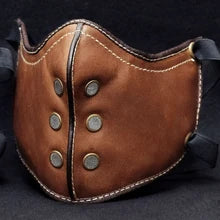 Maskulo NQ1368 Muzzle Mask: Brown PU Leather with Silver Rivets, adjustable elastic band. Perfect for parties, games, or bedroom fun.