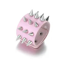 Maskulo NQ3337 Pink PU Leather Wristband with Silver Thick Cone Spikes - Gothic hand accessory for alternative look, cosplay, party, travel.
