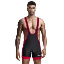 Maskulo NWS328 Mid-Cut Wrestling Singlet in Black, Red, White. Spandex/Polyester, soft, smooth, ideal for sports, posing, party, cosplay, bedroom games.