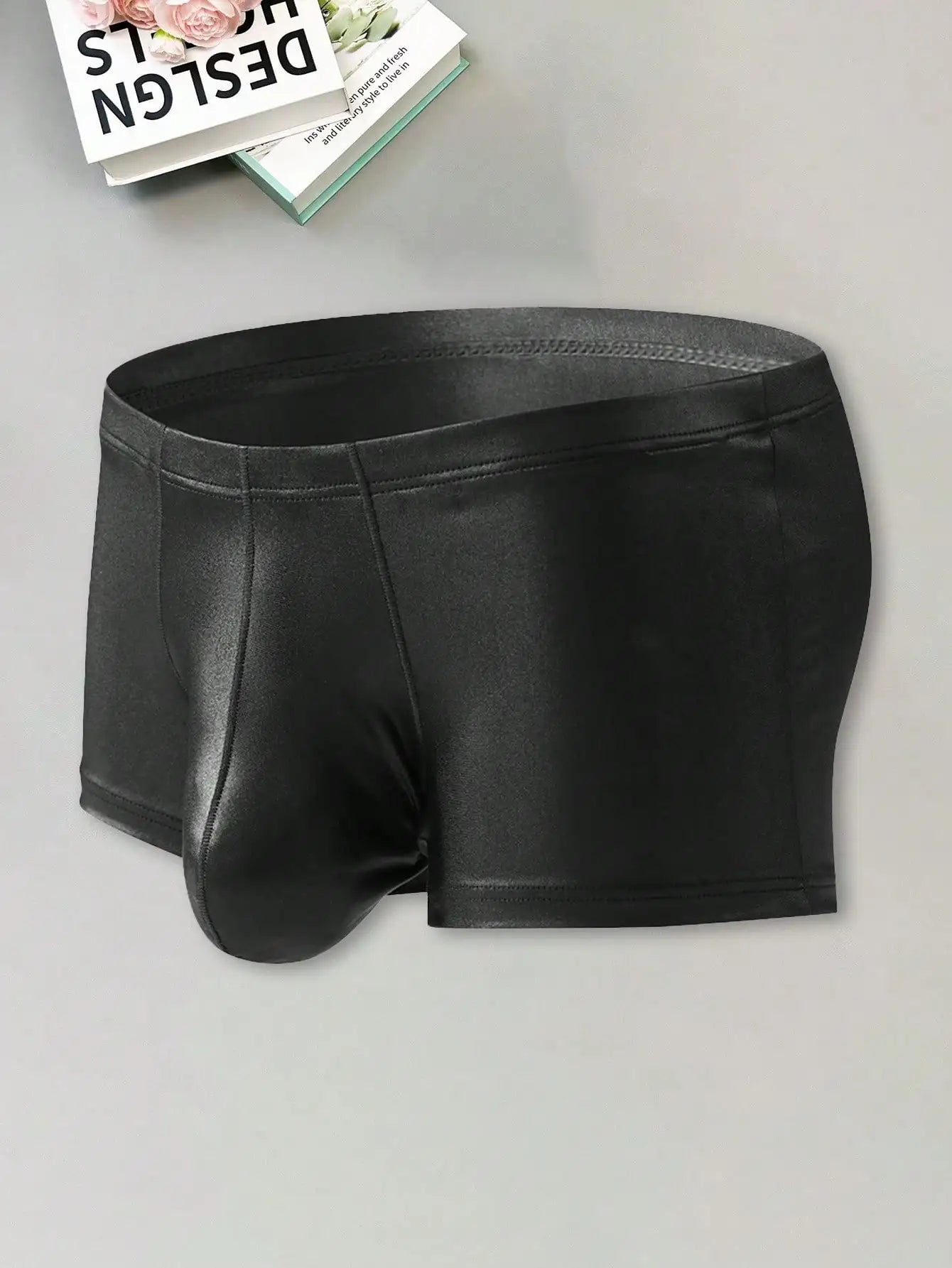 Shiny Polyester Trunk Shorts. Black