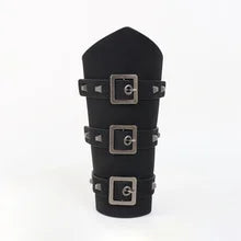 Maskulo NQ3358 Black/Silver PU Leather Gauntlet with 3 Metal Buckles. Medieval Knight Style wristband, rugged look for cosplay, daily wear, party, travel.