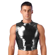 Maskulo NTP311 Black Wet Vinyl Look Crop Top for men. Features a plain color, cosmopolitan glossy look, perfect for bedroom games, daily wear, parties, posing, or role-playing.