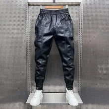 Maskulo NPN318 Black Thick PU Leather Joggers with Fleece Lining for men, featuring pockets, stretchy waist, windproof, and waterproof design, ideal for daily wear, tactical activities, travel, and walking in spring and autumn.