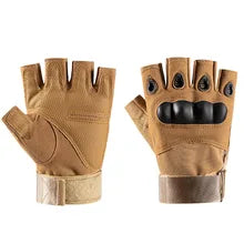 Maskulo NQ3316 Tactical Fingerless Gloves in Khaki/Black with plastic knuckles, made from Polyester/Nylon, ideal for airsoft, tactical use, and daily wear.