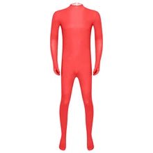 Maskulo NST334 Red Spandex Full Body Suit for men, one-piece with zipper, ideal for cosplay, parties, or role-playing.