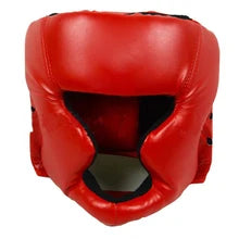 Maskulo NQ1373 Red Padded PU Leather Boxing Helmet. Plain design, with Velcro and lacing for size adjustment. Ideal for themed parties, games, and bedroom scenarios.
