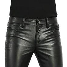Maskulo NPN316 Dark Camo Thick PU Leather Jeans with Fleece Lining for men. Features pockets, windproof and waterproof, ideal for daily wear, tactical activities, travel, and walking.