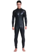 Maskulo NST339 Black Thin PU Full Body Suit with Sleeves for men, featuring a leather look and zipper. Ideal for cosplay, parties, or role-playing.