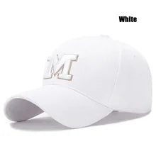 Maskulo NQ1338 White Letter M Premium Cotton Baseball Cap, featuring 3D embroidery, perfect for daily wear.