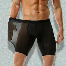 Maskulo NSH344 Black Silky Knee Shorts: semi-transparent, stretchy, smooth polyester/spandex. Ideal for gym, sports, daily wear, and travel.