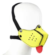 Yellow and black neoprene pup hood with detachable muzzle for role-playing, cosplay, or bedroom games.