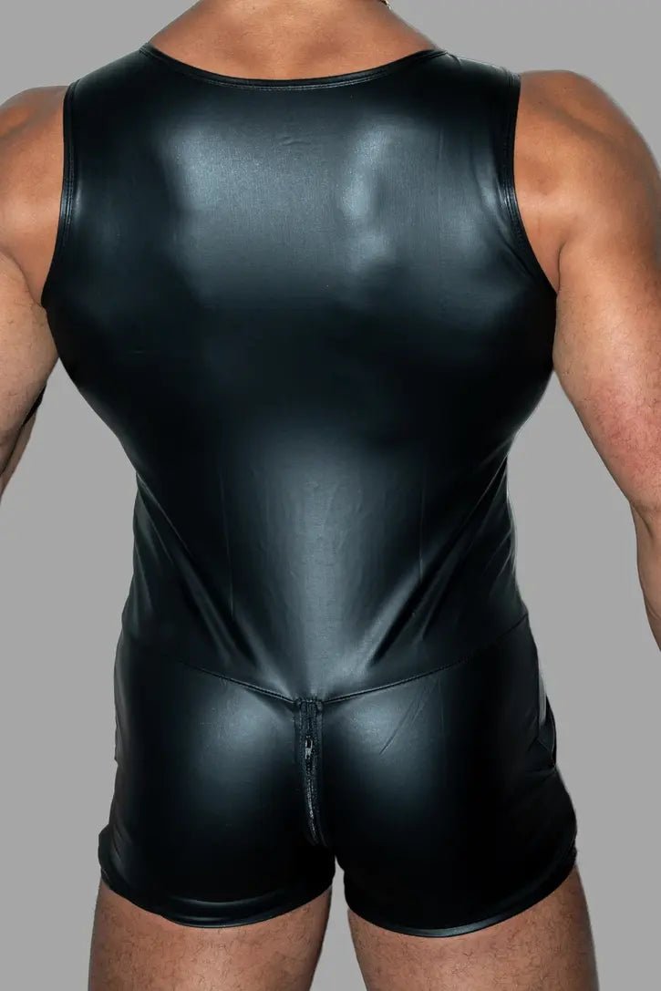 Aaron Roidbod Zip - Rear PU Leather Singlet. Black - MWS151 - Y1 - www.maskulo.berlin - Local store