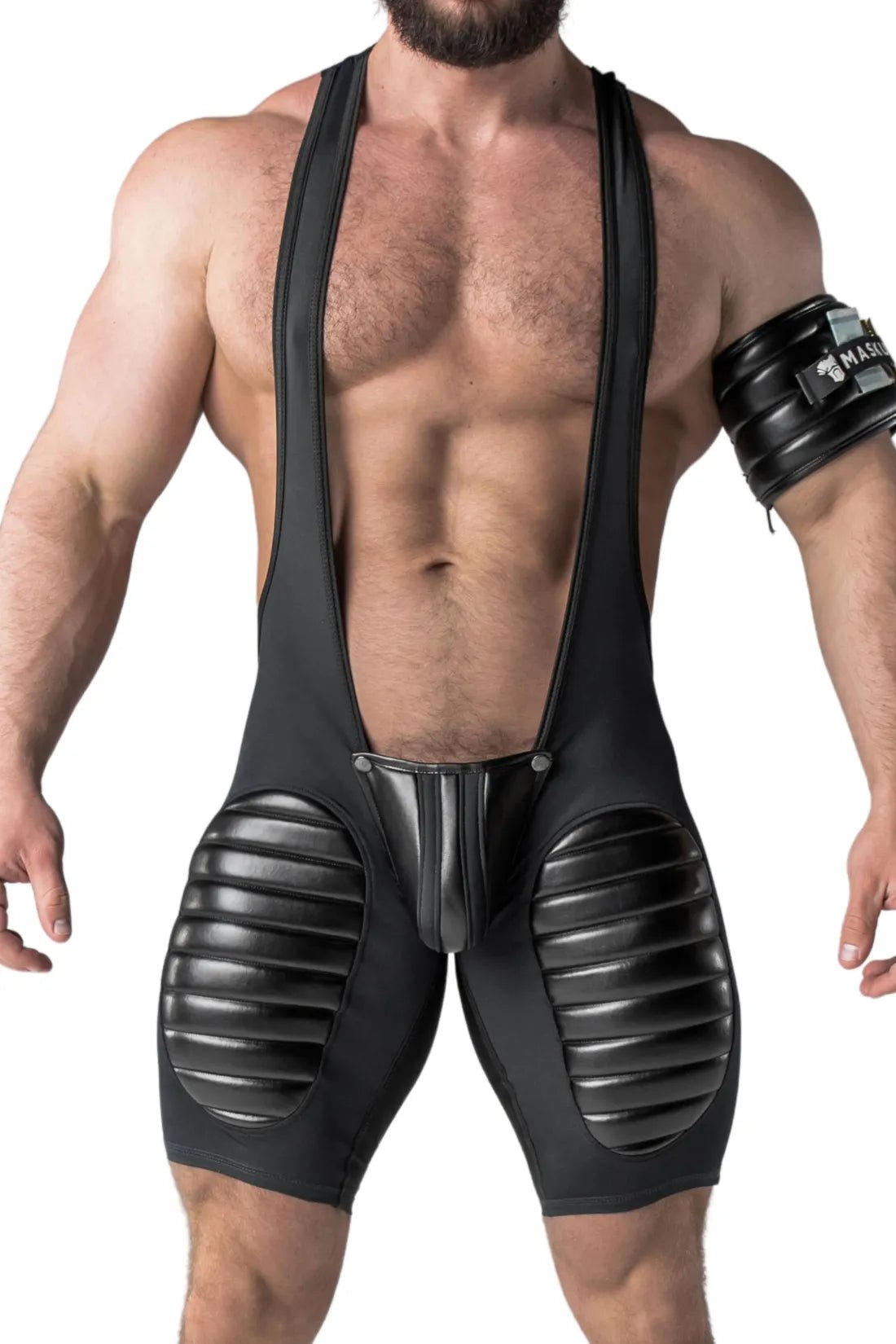 Armored. Men's Wrestling Singlet. Codpiece. Open Rear. Thigh Pads. Black - MWS104 - Y1 - www.maskulo.berlin - Local store