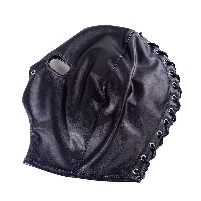 Eyes + Nose open. Adult Roleplay PU Leather Hood with Lacing