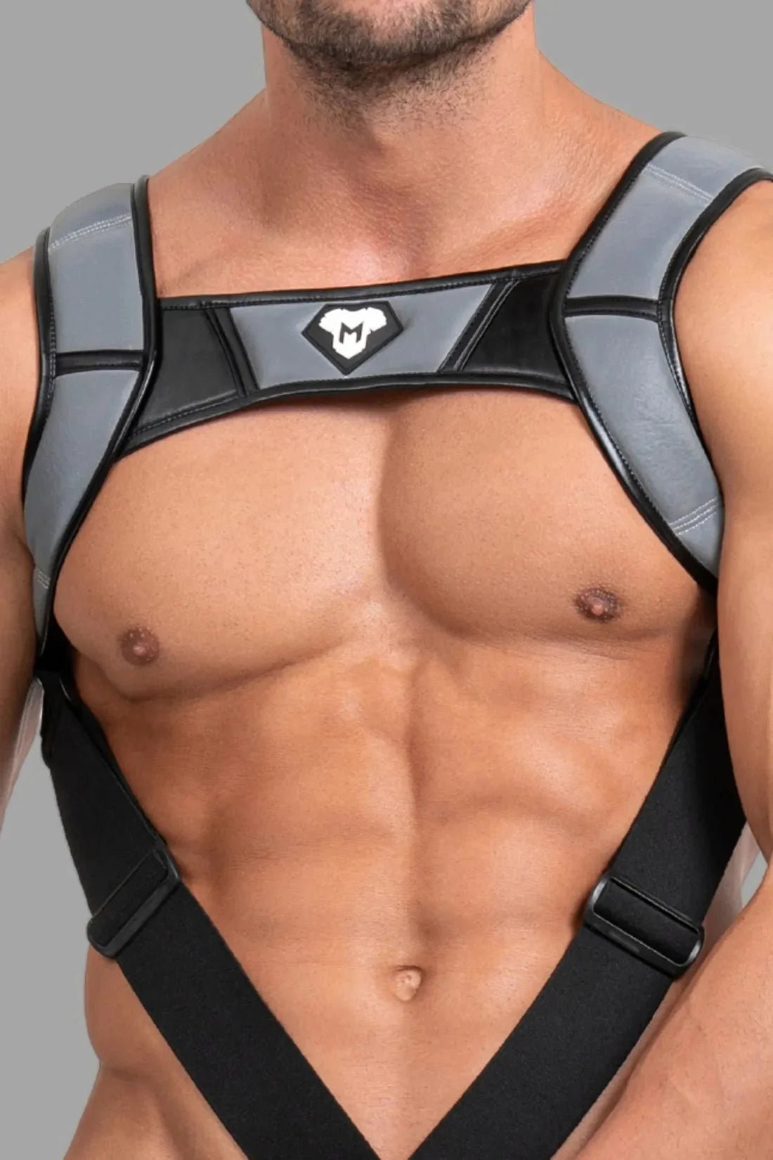 Body Harness with Push - up Effect. XXL size. Black and Grey Reflective Light - MHR122 - Y5 - www.maskulo.berlin - Local store
