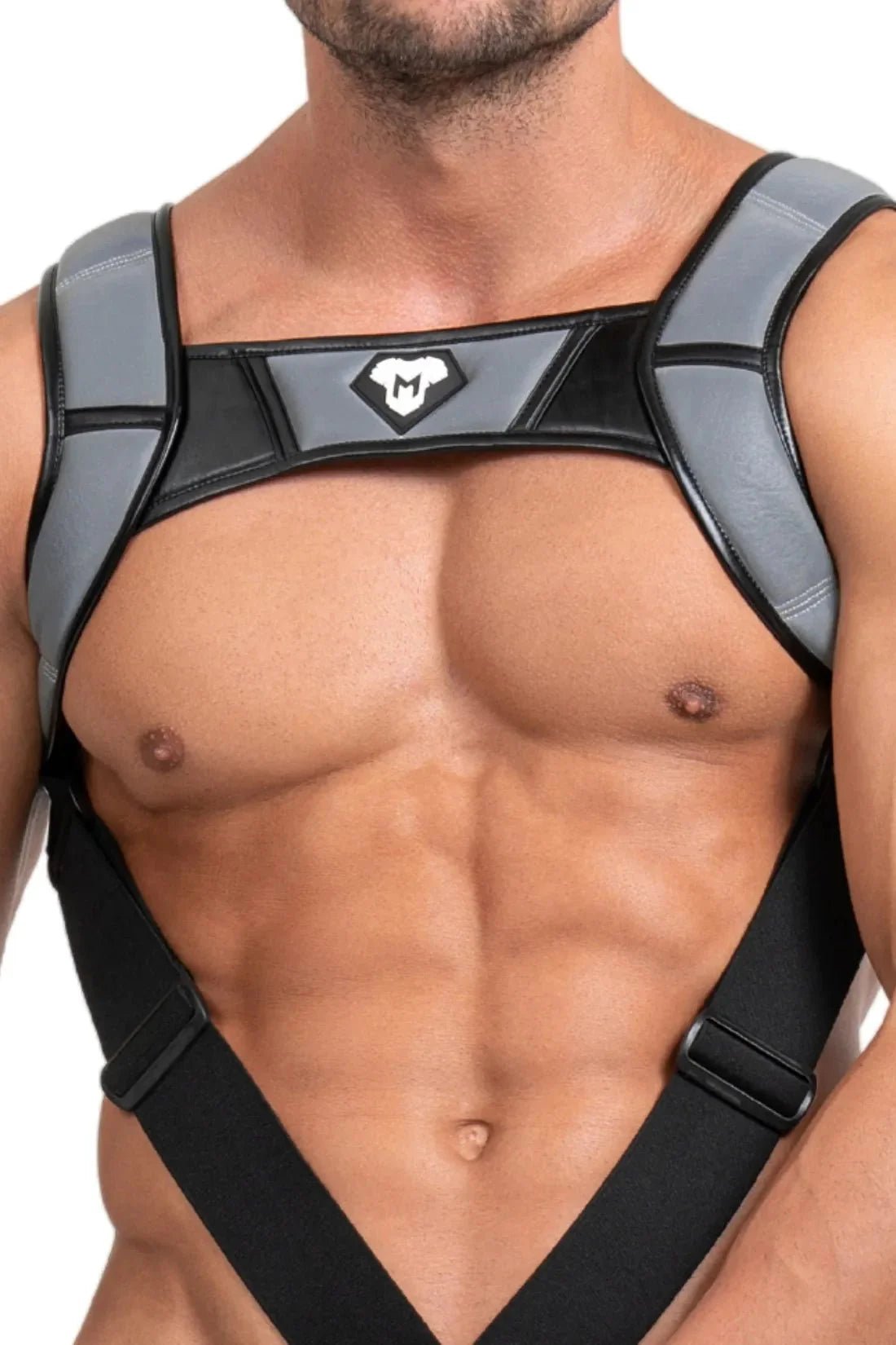Body Harness with Push - up Effect. XXL size. Black and Grey Reflective Light - MHR122 - Y5 - www.maskulo.berlin - Local store