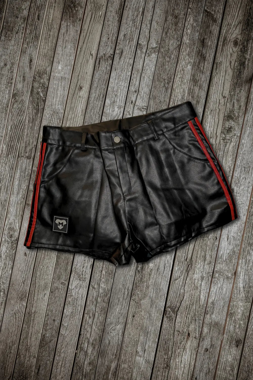 Crock Gearshift PU Leather Shorts. Black + 2 Parallel Red Stripes - MSH274 - Y1 - www.maskulo.berlin - Local store