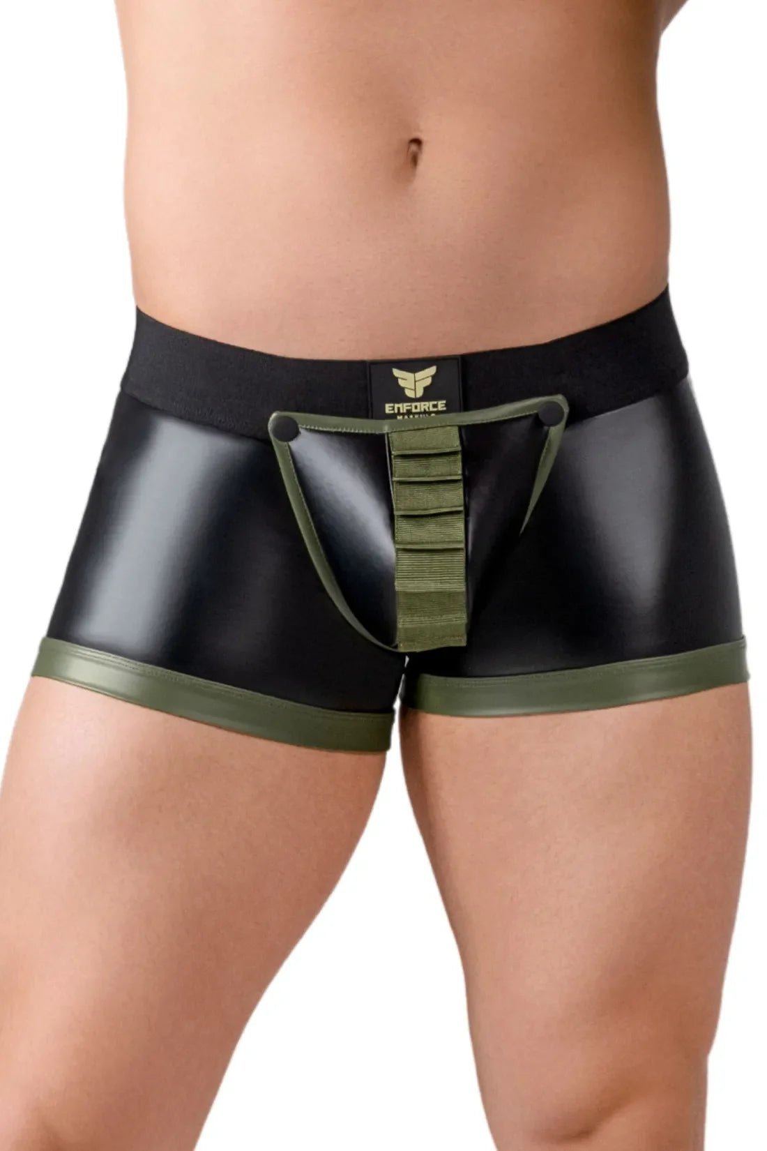 Enforce. Shot Belt Codpiece Trunk Shorts. Zipped Rear. Green Army + Black - MTR106-Y1 8 - www.maskulo.berlin Local City Store