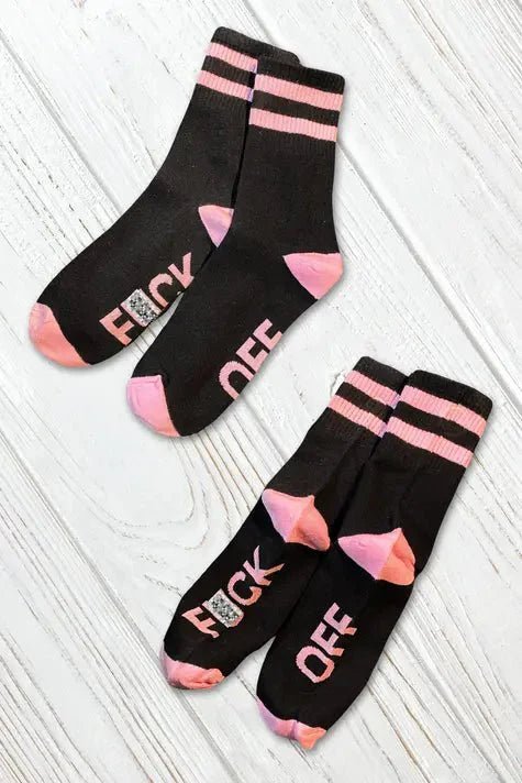 "F*CK OFF" Crew Socks. Black + Pink - MSC117 - YX - www.maskulo.berlin - Local store