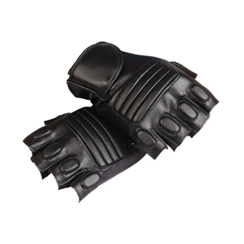 Fingerless PU leather gloves. Padded. Black