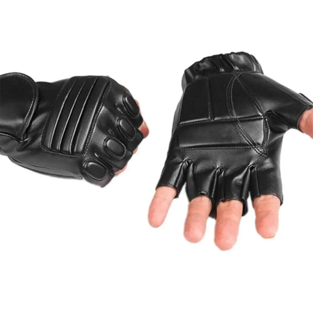 Fingerless PU leather gloves. Padded. Black