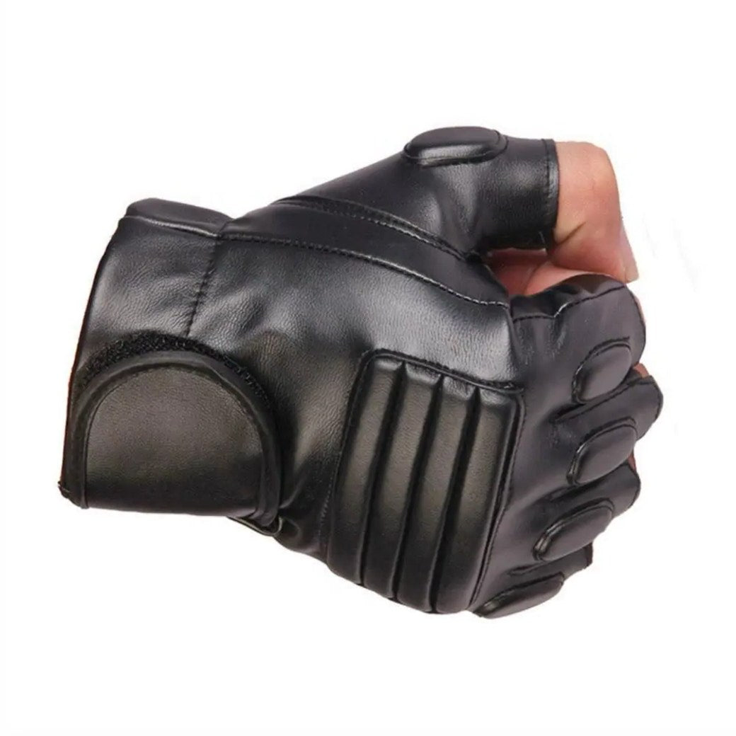 Fingerless PU leather gloves. Padded. Black