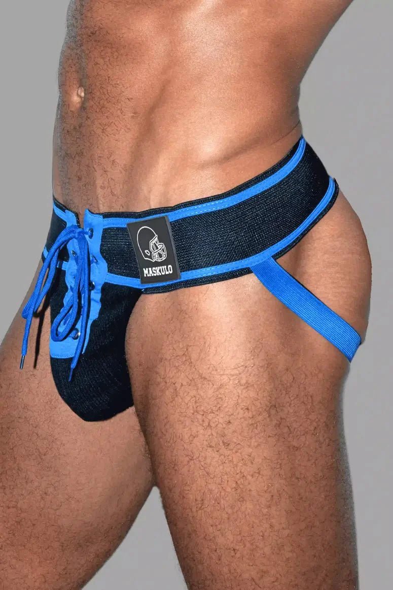 Liam Gridd - Iron, American Football Jockstrap. Black + Royal Blue - MJS191 - Y1 - www.maskulo.berlin - Local store