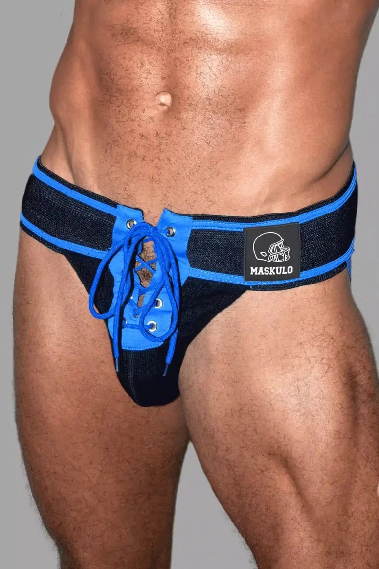 Liam Gridd - Iron, American Football Jockstrap. Black + Royal Blue - MJS191 - Y1 - www.maskulo.berlin - Local store