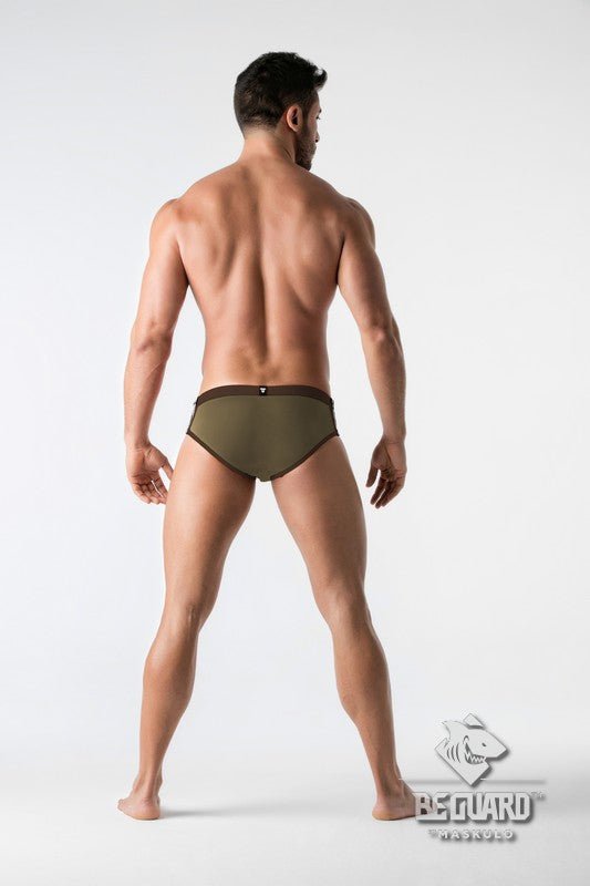 Maskulo zip front imitation swimming briefs. Green 'Khaki'+Dark Coffee - MSW108 - Y2 - www.maskulo.berlin - Local store