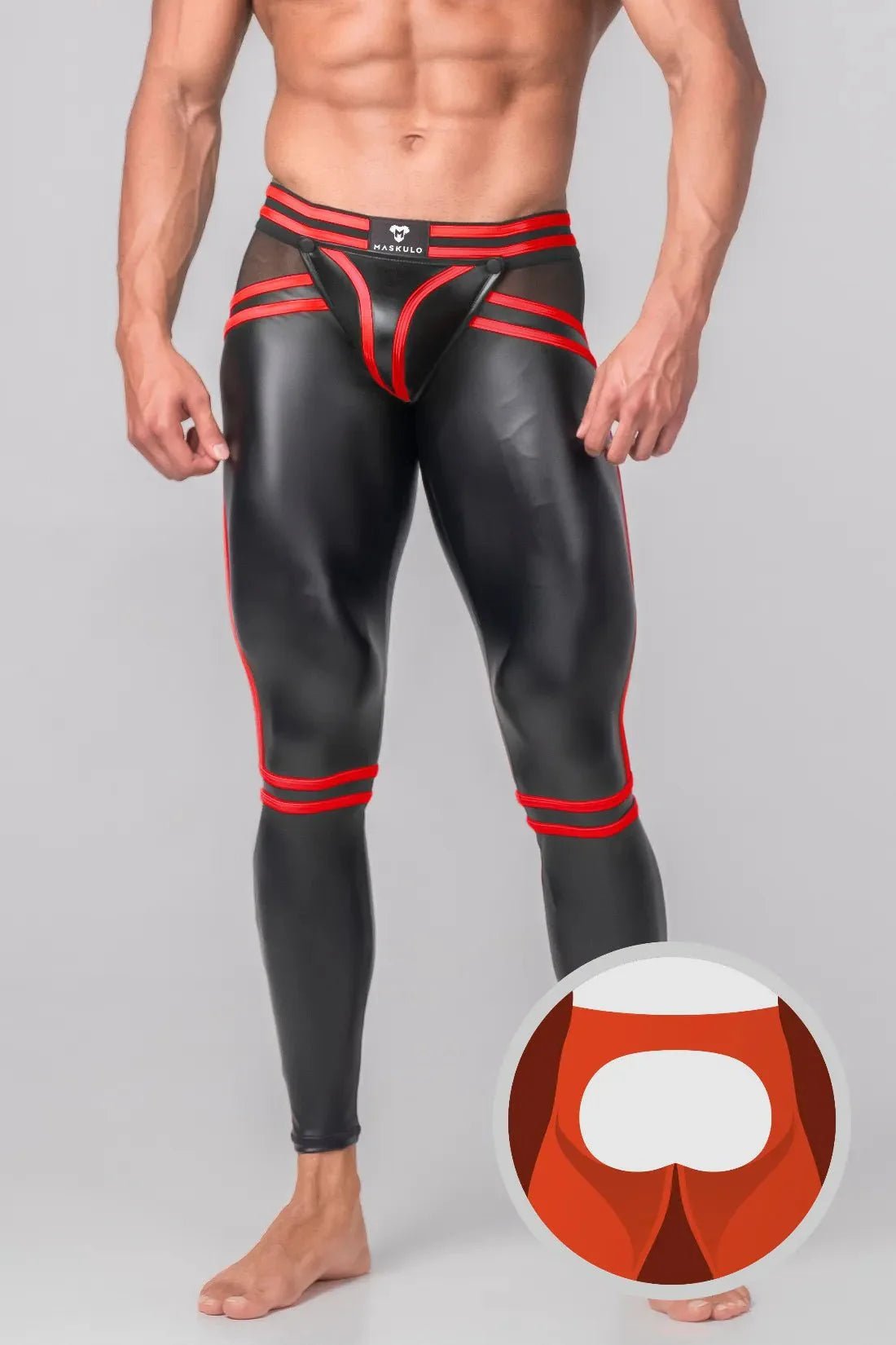 Men's Leggings. Codpiece. Open Rear. Black and Red - MLG102 - Y5 - www.maskulo.berlin - Local store