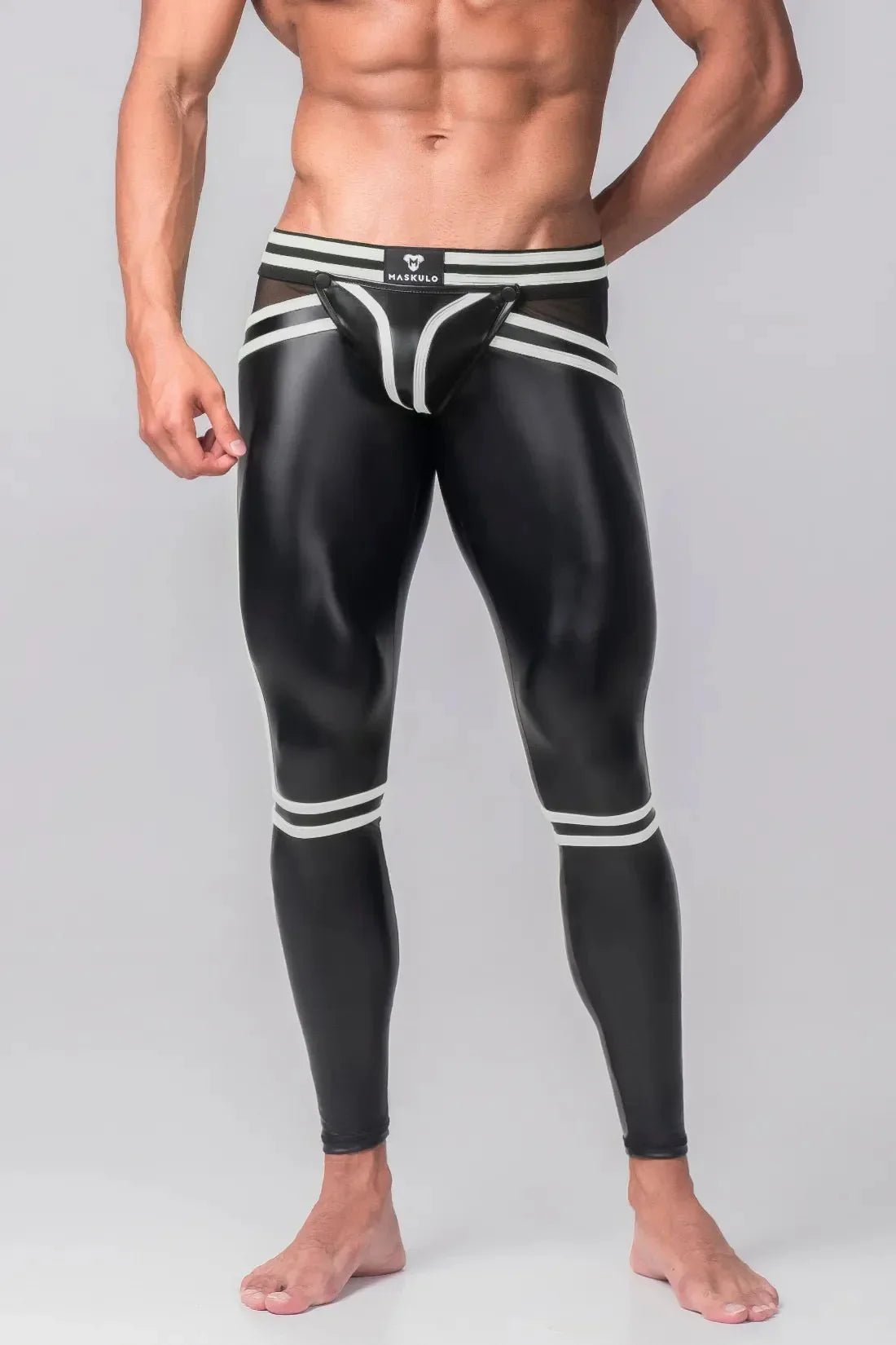 Men's Leggings. Codpiece. Zippered Rear. Black and White Neon - MLG104 - Y1 - www.maskulo.berlin - Local store