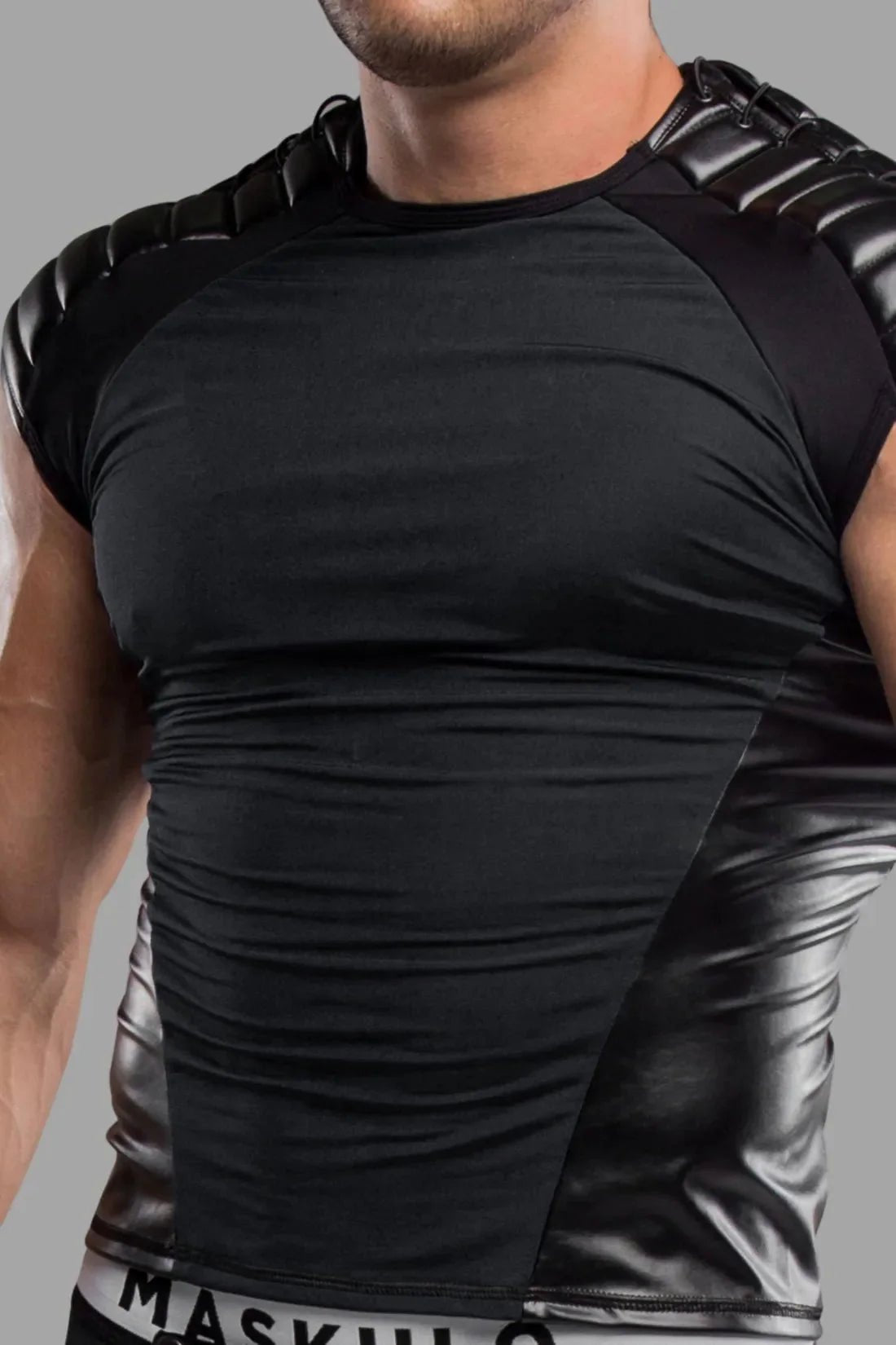 Men's Top. Spandex. Shoulder Lacing. Black - MTP100 - Y1 - www.maskulo.berlin - Local store