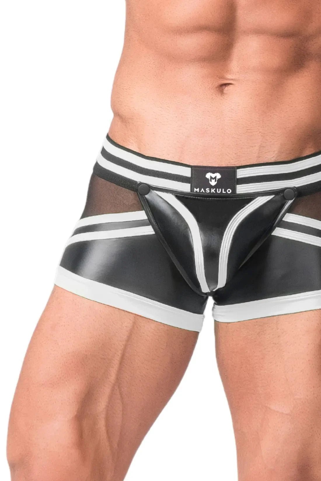 Men's Trunk Shorts. Codpiece. Zippered Rear. Black and White Neon - MTR102 - Y5 - www.maskulo.berlin - Local store