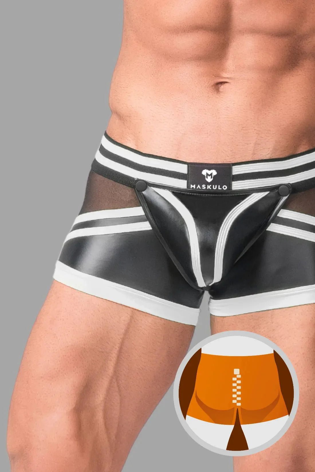 Men's Trunk Shorts. Codpiece. Zippered Rear. Black and White Neon - MTR102 - Y5 - www.maskulo.berlin - Local store