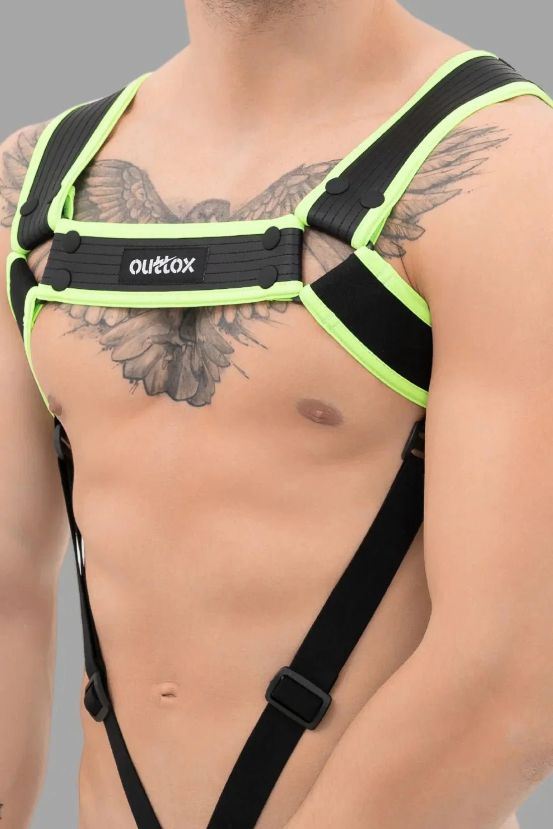Outtox. Body Harness with Snaps. Black and Green Neon - XHR115 - Y4 - www.maskulo.berlin - Local store