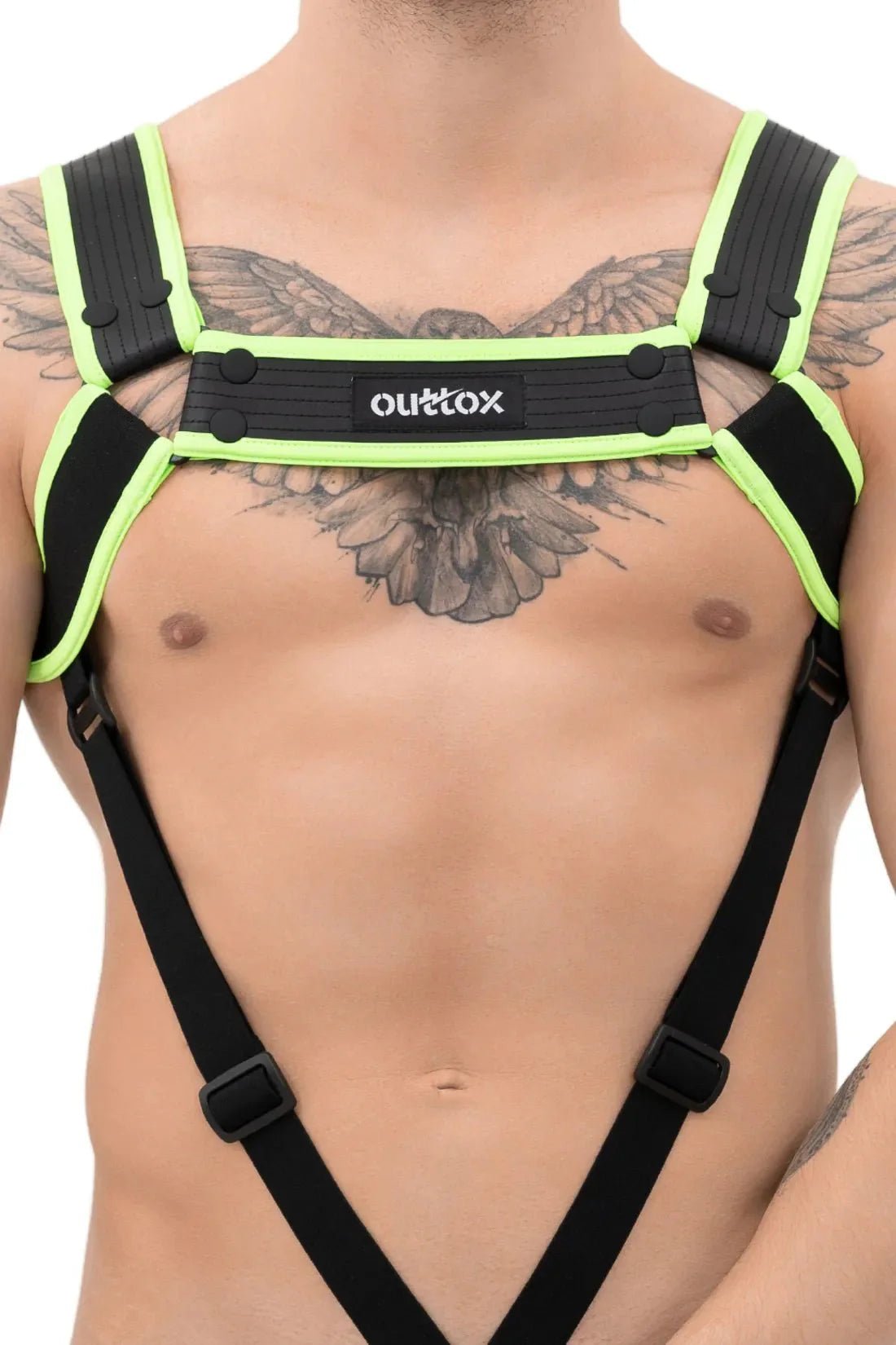 Outtox. Body Harness with Snaps. Black and Green Neon - XHR115 - Y4 - www.maskulo.berlin - Local store