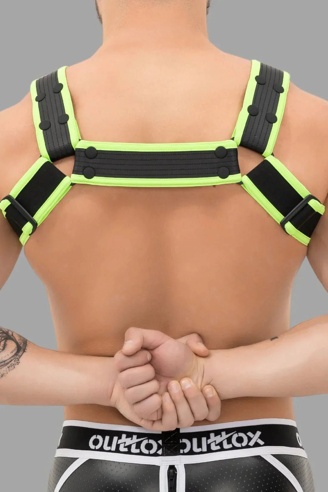 Outtox. Body Harness with Snaps. Black and Green Neon - XHR115 - Y4 - www.maskulo.berlin - Local store