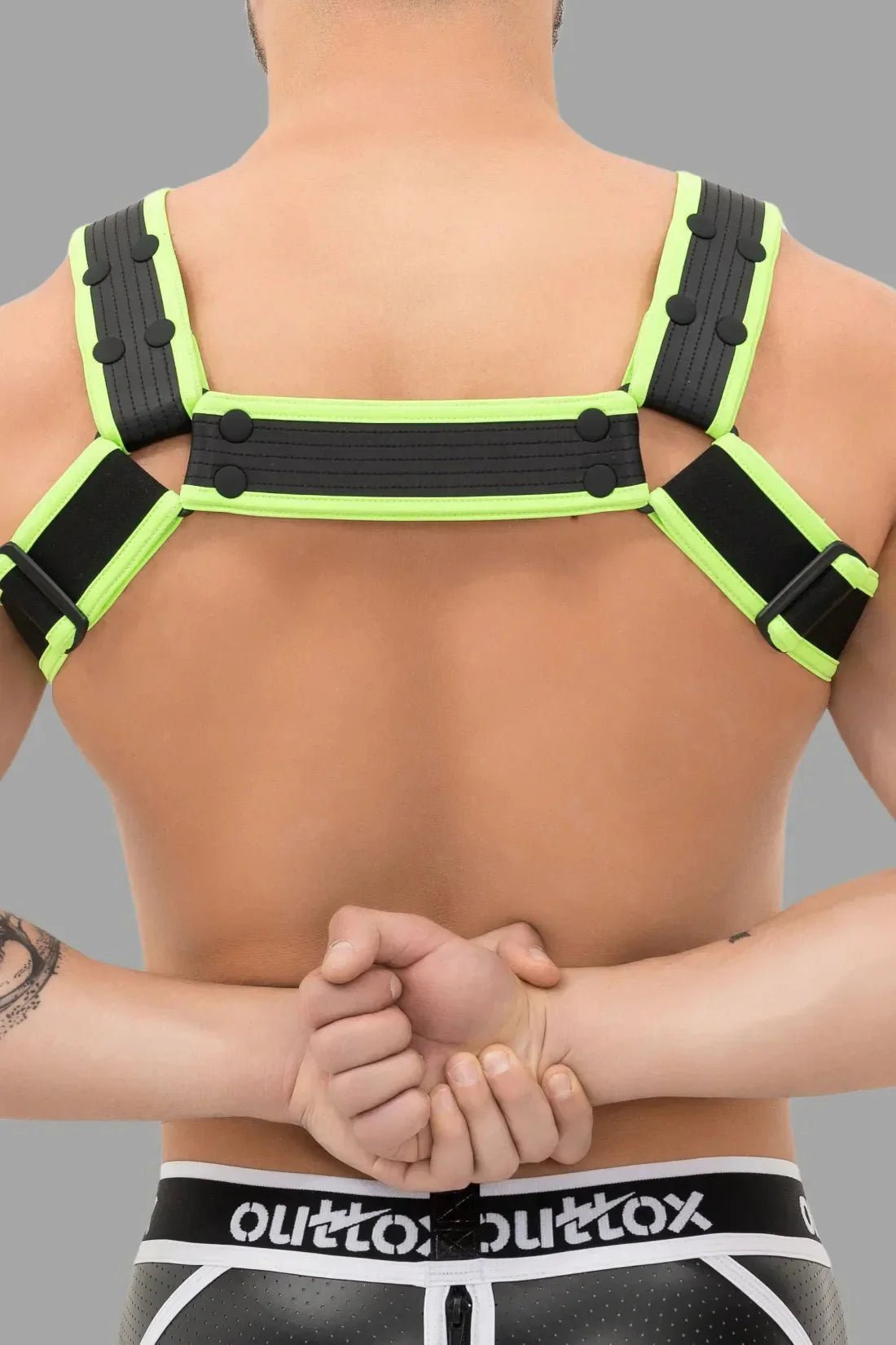 Outtox. Bulldog Harness with Snaps. Black and Green Neon - XHR109 - Y5 - www.maskulo.berlin - Local store