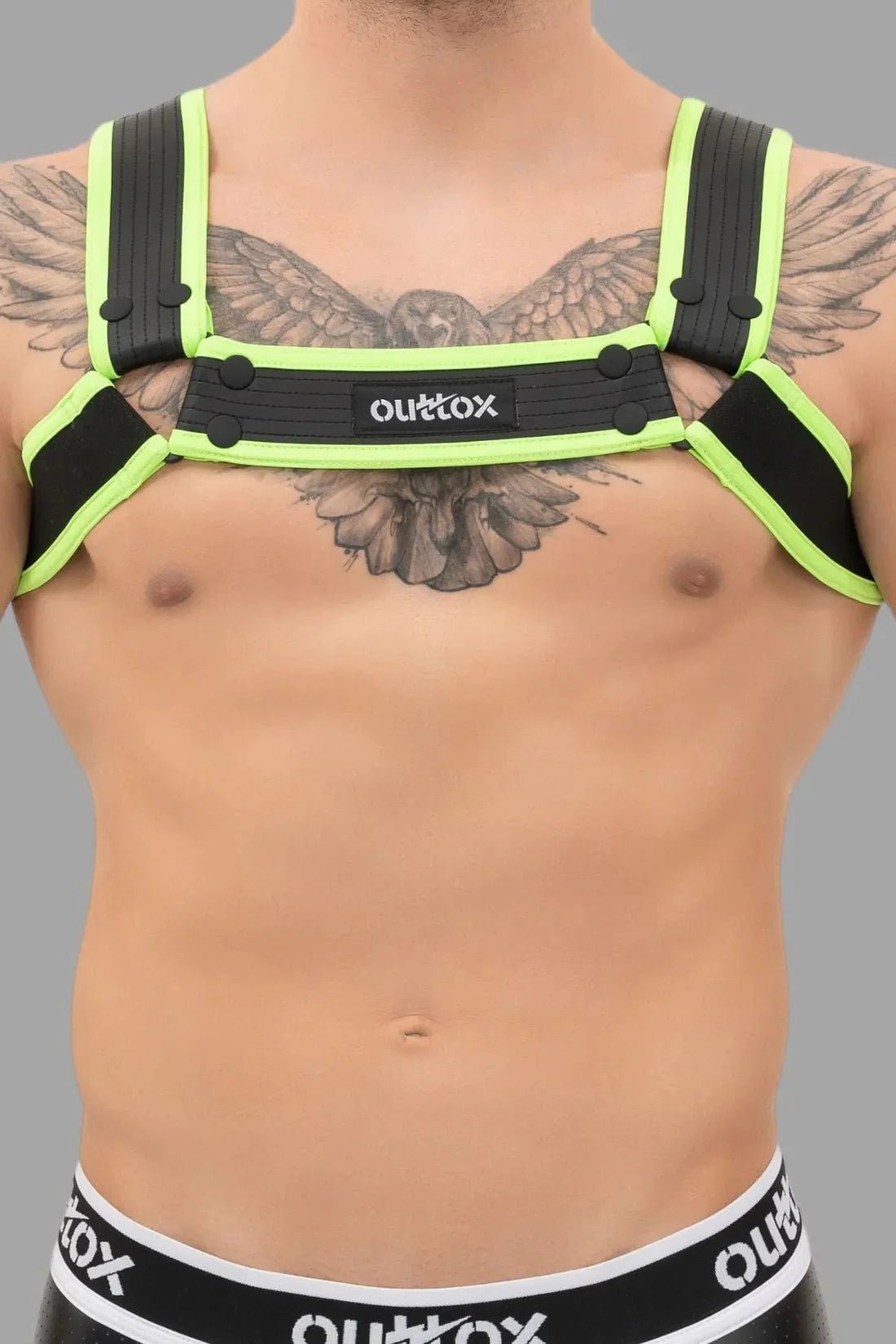 Outtox. Bulldog Harness with Snaps. Black and Green Neon - XHR109 - Y5 - www.maskulo.berlin - Local store