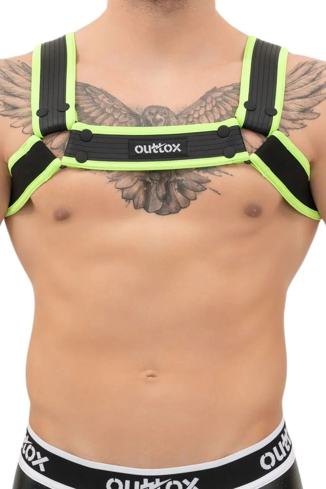 Outtox. Bulldog Harness with Snaps. Black and Green Neon - XHR109 - Y5 - www.maskulo.berlin - Local store