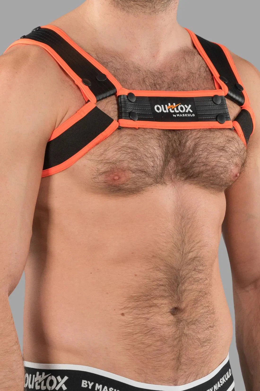 Outtox by Maskulo. Bulldog Harness with Snaps. Black and Orange - XHR121 - Y1 - www.maskulo.berlin - Local store