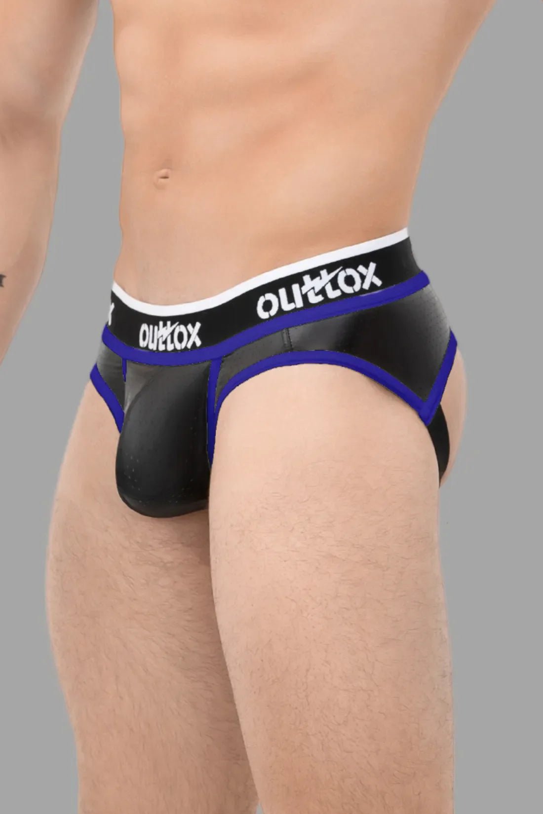 Outtox. Open Rear Briefs with Snap Codpiece. Black + Blue Royal - XBR104 - Y2 - www.maskulo.berlin - Local store