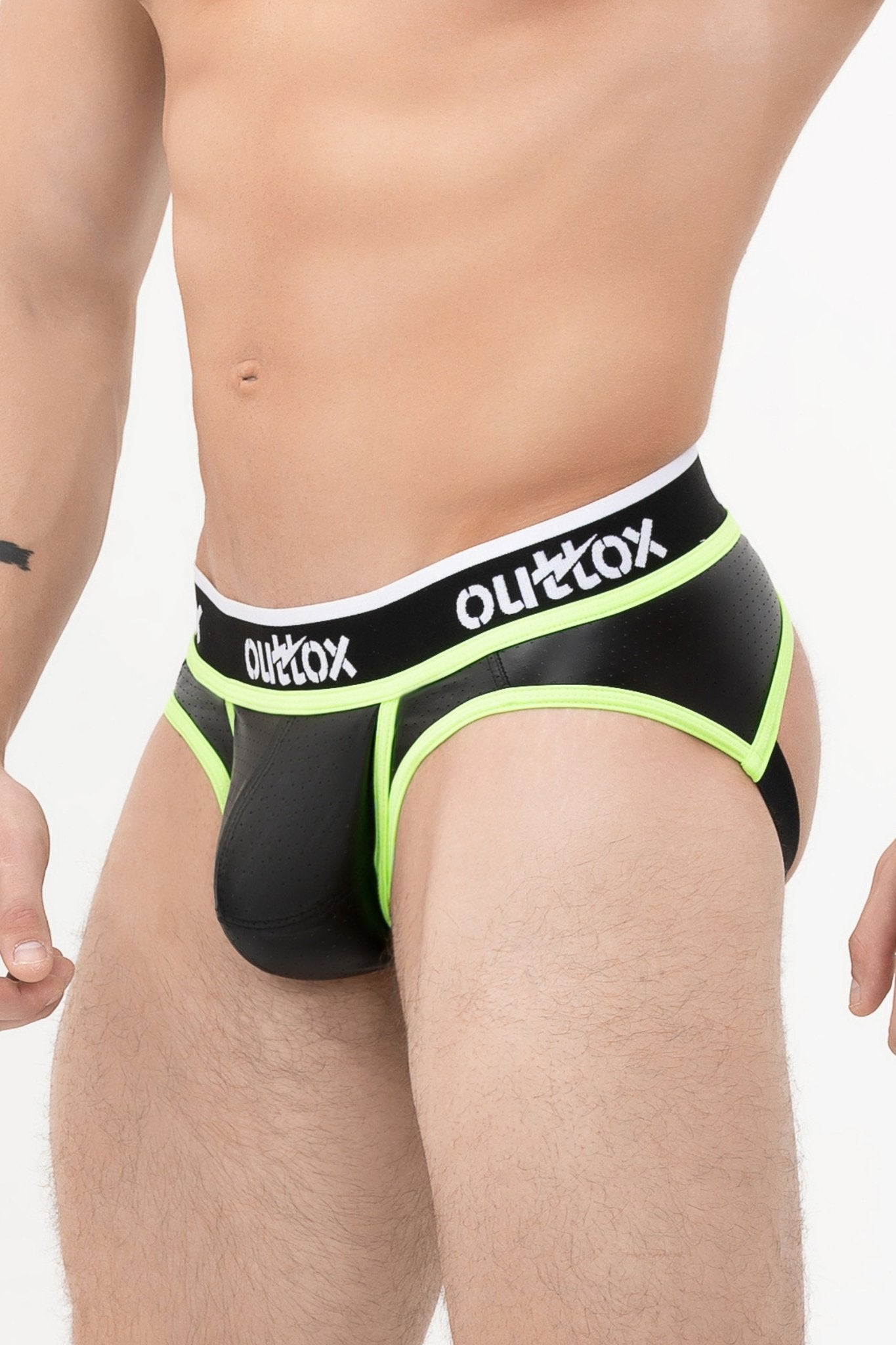 Outtox. Open Rear Briefs with Snap Codpiece. Black+Green Neon - XBR103 - Y2 - www.maskulo.berlin - Local store