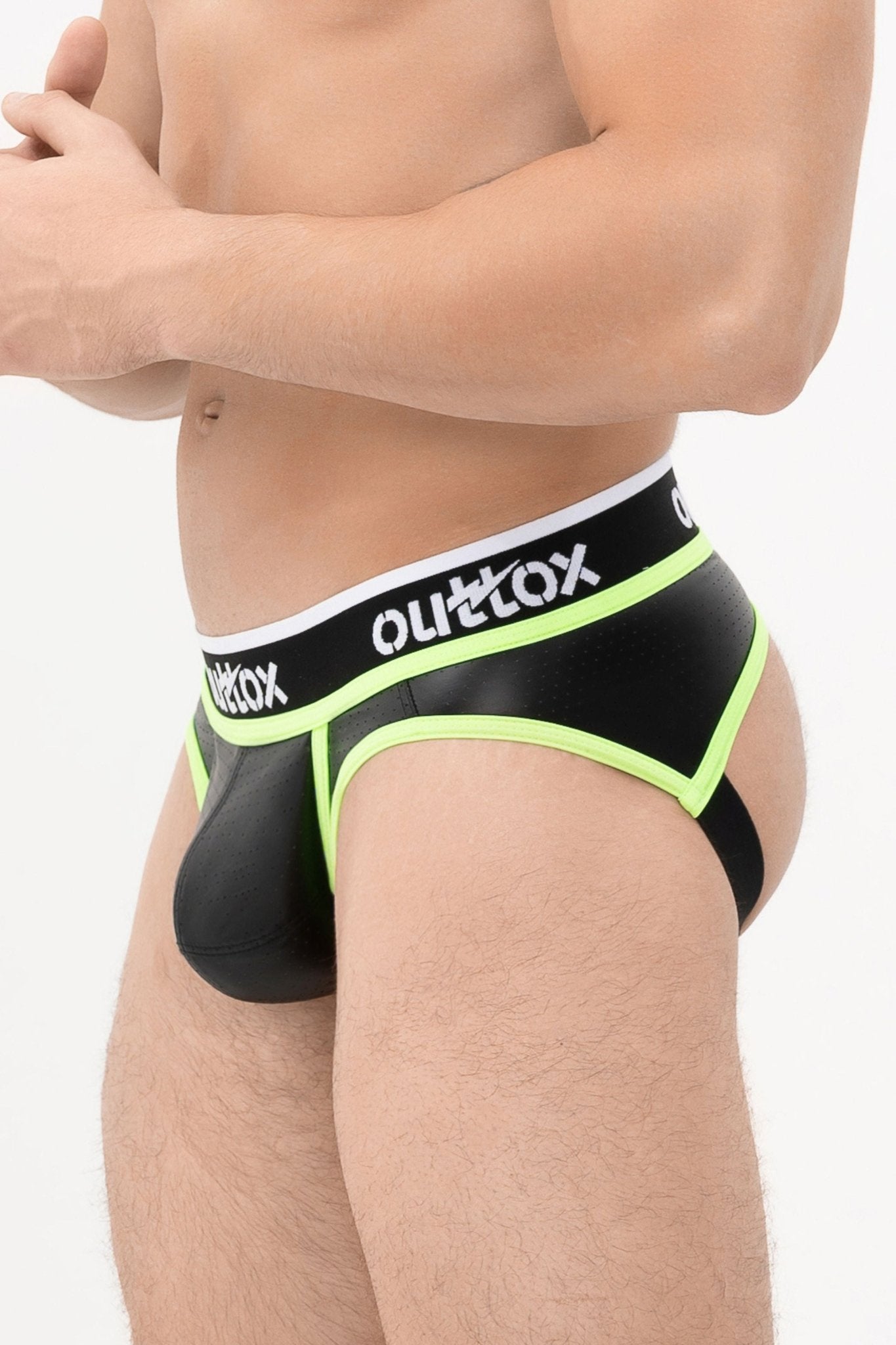 Outtox. Open Rear Briefs with Snap Codpiece. Black+Green Neon - XBR103 - Y2 - www.maskulo.berlin - Local store