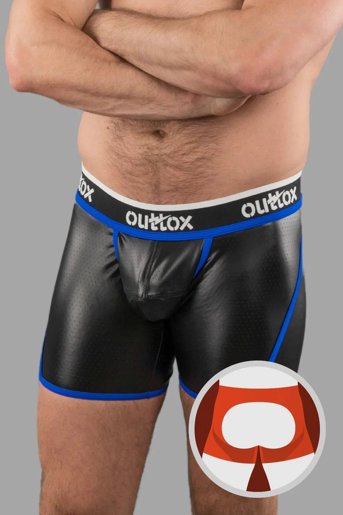 Outtox. Open Rear Shorts with Snap Codpiece. Black and Blue - XSH108 - Y2 - www.maskulo.berlin - Local store