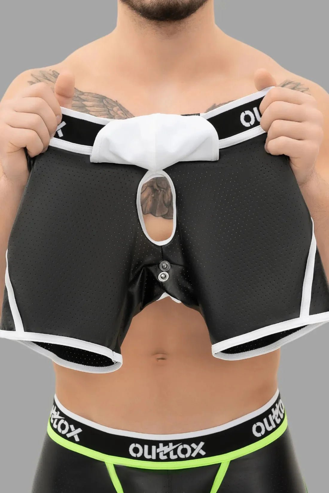 Outtox. Open Rear Shorts with Snap Codpiece. Black and White - XSH109 - Y3 - www.maskulo.berlin - Local store