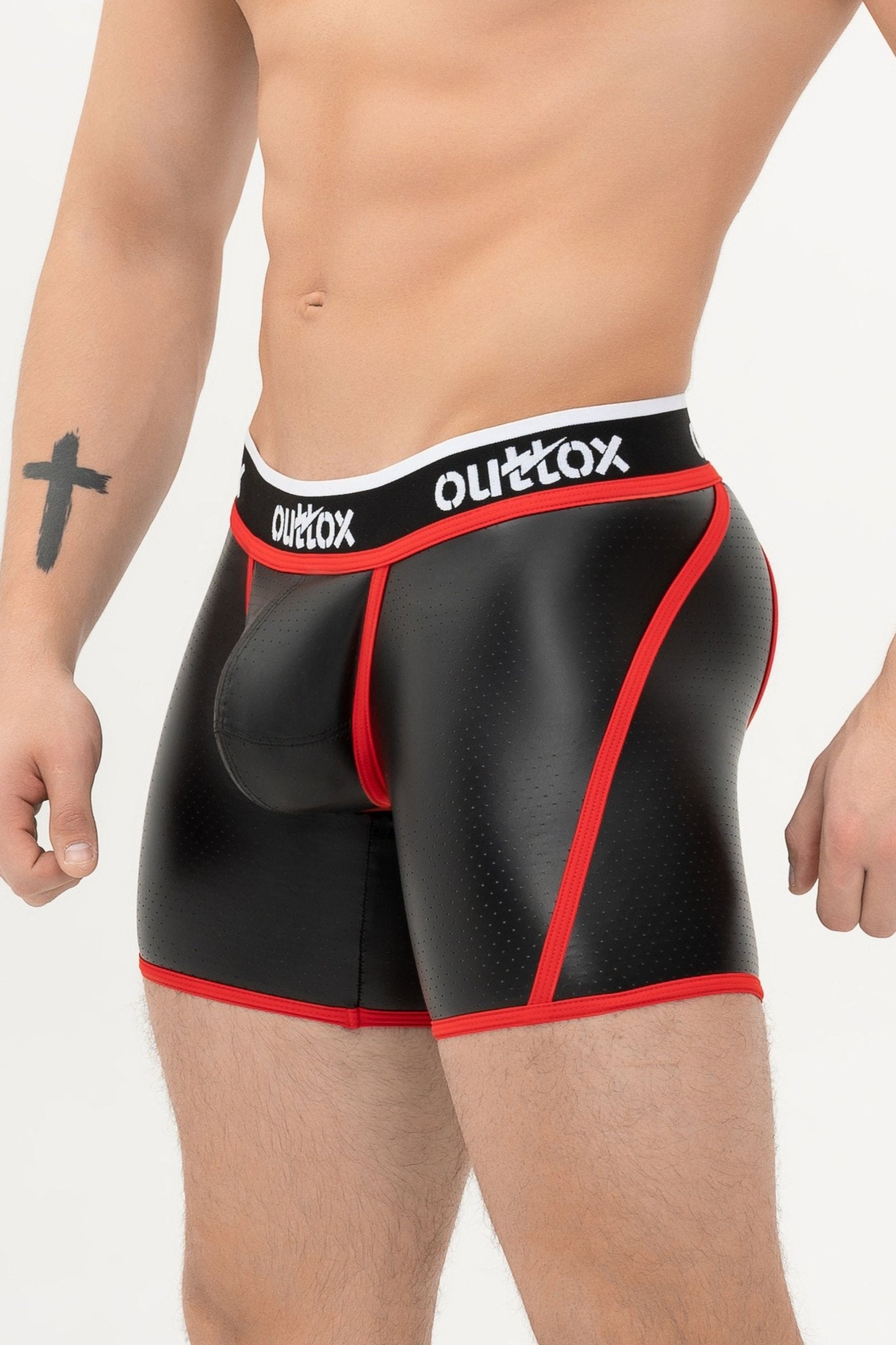 Outtox. Open Rear Shorts with Snap Codpiece. Black+Red - XSH105 - Y2 - www.maskulo.berlin - Local store